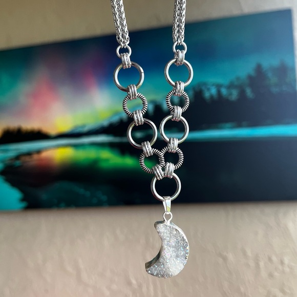 stainless steel necklace double wheat chain druzy quartz crescent moon charm - Picture 5 of 12